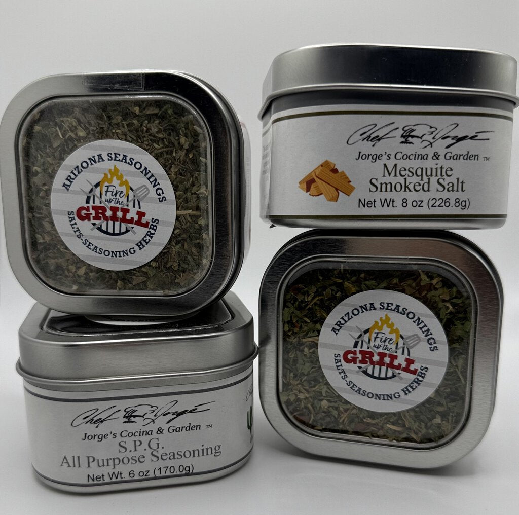 Salts & Seasonings Four Pack; Mesquite Salt, Salt-Pepper-Garlic, Pizza Topper (Italian Style Seasoning), Bread Dipper Herbs