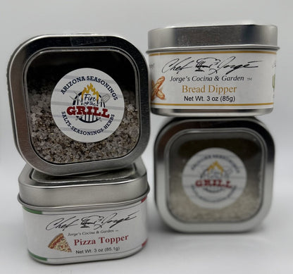 Salts & Seasonings Four Pack; Mesquite Salt, Salt-Pepper-Garlic, Pizza Topper (Italian Style Seasoning), Bread Dipper Herbs