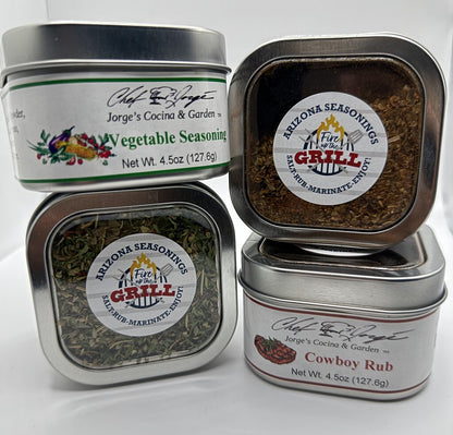 Gourmet Rubs and Seasonings Four Pack; Cowboy Rub, Seafood Rub, Poultry Seasoning, Vegetable Seasoning