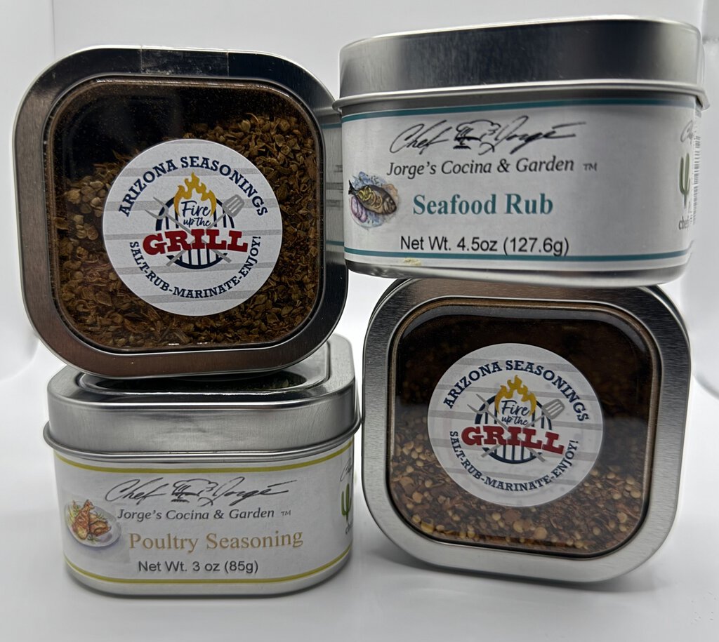 Gourmet Rubs and Seasonings Four Pack; Cowboy Rub, Seafood Rub, Poultry Seasoning, Vegetable Seasoning